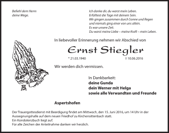 Traueranzeige von Ernst Stiegler von Hersbrucker Zeitung