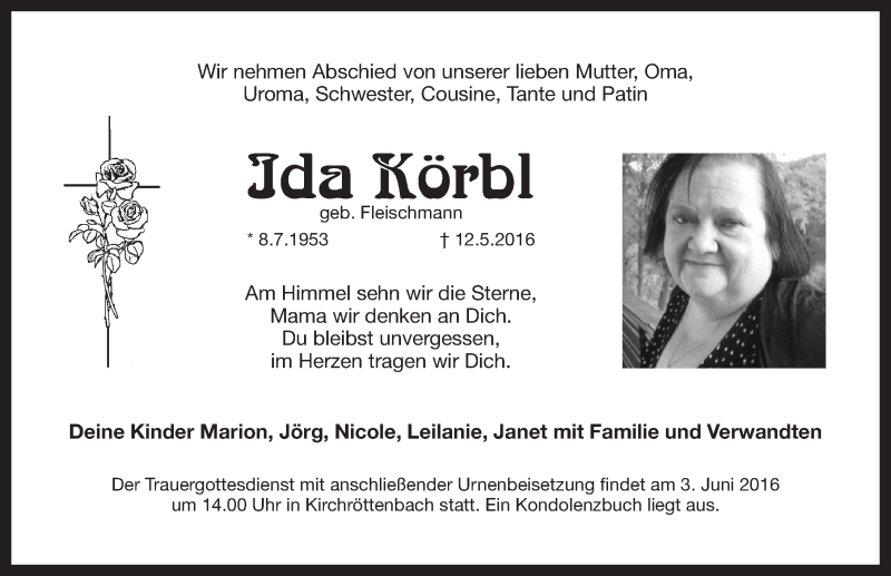  Traueranzeige für Ida Koerbl vom 01.06.2016 aus Pegnitz-Zeitung