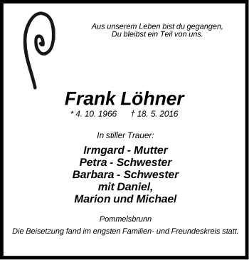 Traueranzeige von Frank Löhner von Hersbrucker Zeitung
