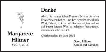 Traueranzeige von Margarete Hiltner von Der Bote