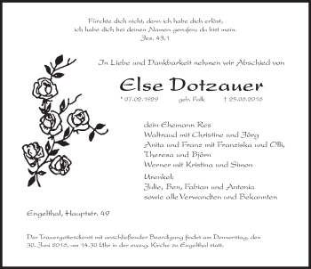 Traueranzeige von Else Dotzauer von Hersbrucker Zeitung
