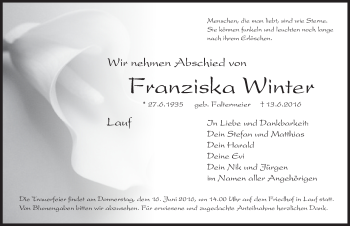 Traueranzeige von Franziska Winter von Pegnitz-Zeitung