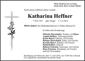 Traueranzeige von Katharina Heffner von Der Bote