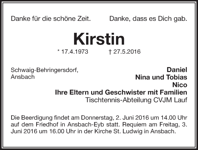  Traueranzeige für Kirstin Illing vom 01.06.2016 aus Pegnitz-Zeitung