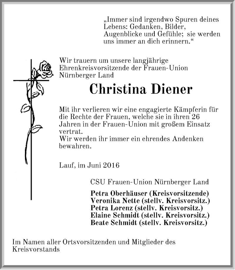  Traueranzeige für Christina Diener vom 28.06.2016 aus Pegnitz-Zeitung