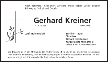 Traueranzeige von Gerhard Kreiner von Pegnitz-Zeitung
