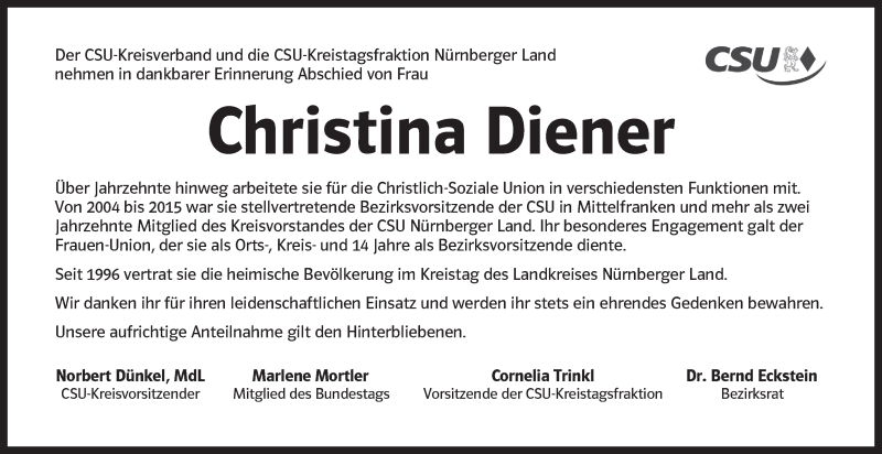  Traueranzeige für Christina Diener vom 28.06.2016 aus Pegnitz-Zeitung