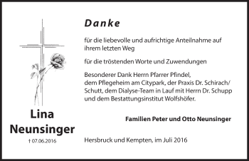 Traueranzeige von Lina Neunsinger von Hersbrucker Zeitung