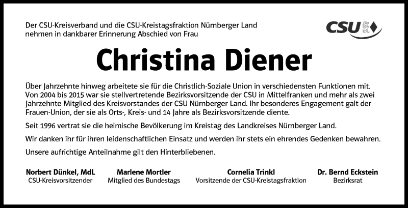  Traueranzeige für Christina Diener vom 28.06.2016 aus Der Bote