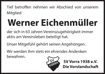 Traueranzeige von Werner Eichenmüller von Hersbrucker Zeitung