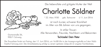 Traueranzeige von Charlotte Söldner von Pegnitz-Zeitung