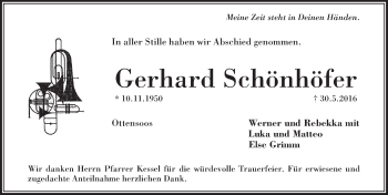 Traueranzeige von Gerhard Schönhöfer von Hersbrucker Zeitung
