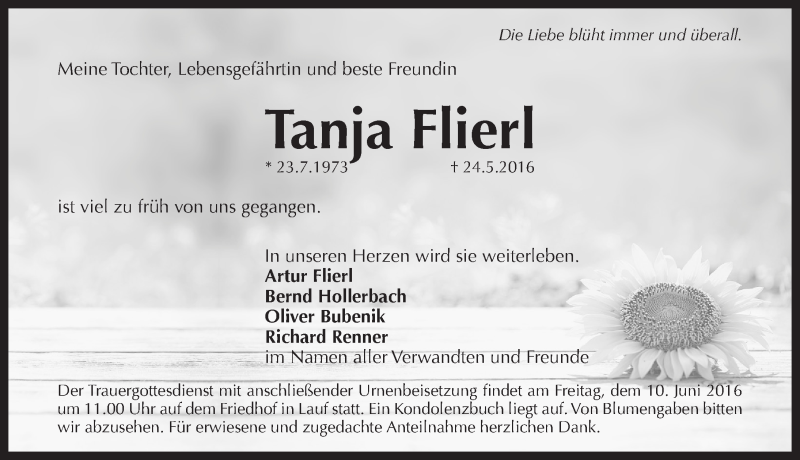  Traueranzeige für Tanja Flierl vom 04.06.2016 aus Pegnitz-Zeitung