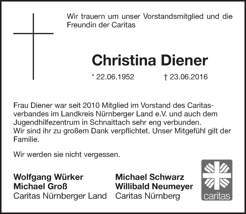  Traueranzeige für Christina Diener vom 28.06.2016 aus Pegnitz-Zeitung