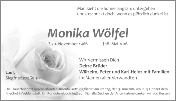 Traueranzeige von Monika Wölfel von Hersbrucker Zeitung