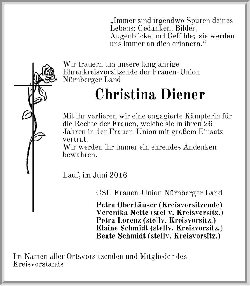  Traueranzeige für Christina Diener vom 28.06.2016 aus Der Bote