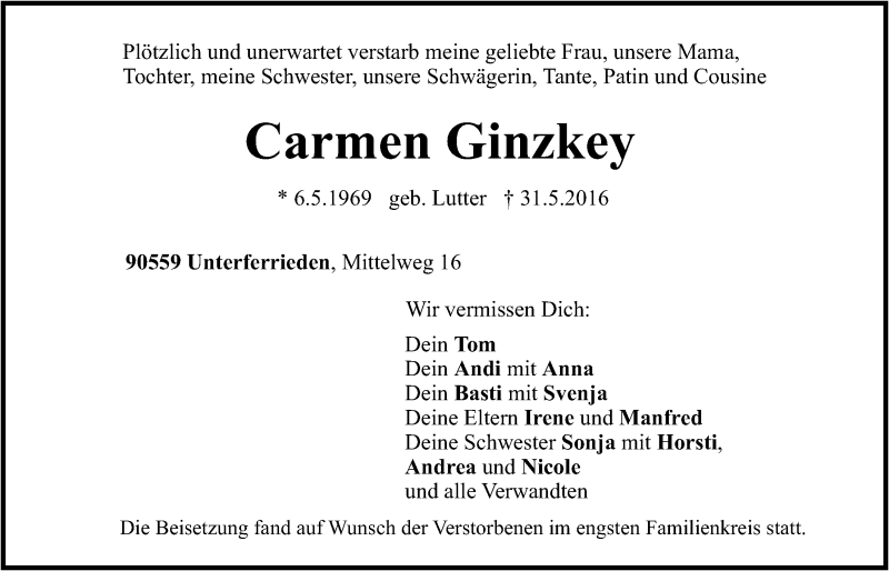  Traueranzeige für Carmen Ginzkey vom 11.06.2016 aus Der Bote