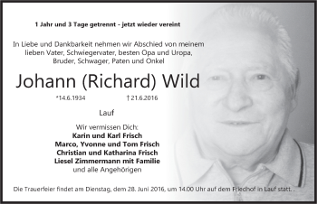 Traueranzeige von Johann Richard Wild von Pegnitz-Zeitung