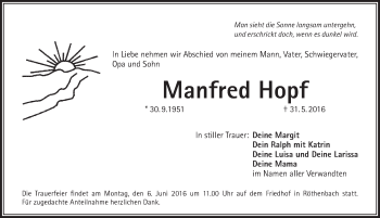 Traueranzeige von Manfred Hopf von Pegnitz-Zeitung
