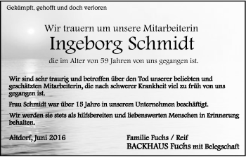 Traueranzeige von Ingeborg  Schmidt von Der Bote