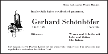 Traueranzeige von Gerhard Schönhöfer von Pegnitz-Zeitung