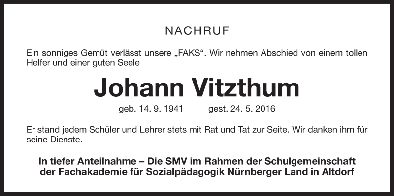  Traueranzeige für Johann Vitzthum vom 07.06.2016 aus Der Bote