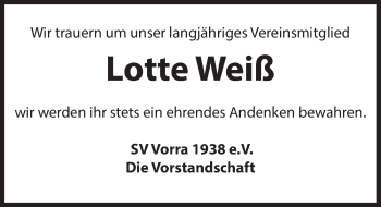 Traueranzeige von Lotte Weiß von Hersbrucker Zeitung