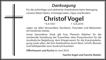 Traueranzeige von Christof Vogel von Hersbrucker Zeitung