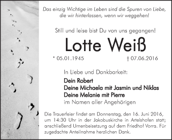 Traueranzeige von Lotte Weiß von Hersbrucker Zeitung