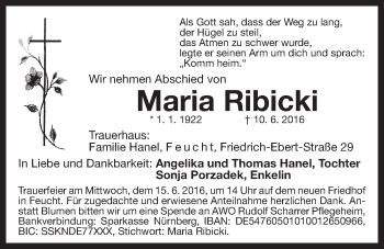 Traueranzeige von Maria Ribicki von Der Bote
