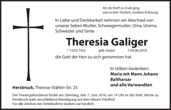 Traueranzeige von Theresia Galiger von Hersbrucker Zeitung