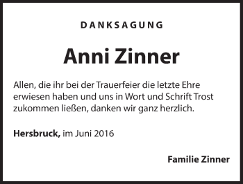 Traueranzeige von Anni Zinner von Hersbrucker Zeitung