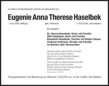 Traueranzeige von Eugenie Anna Therese Haselbek von Pegnitz-Zeitung