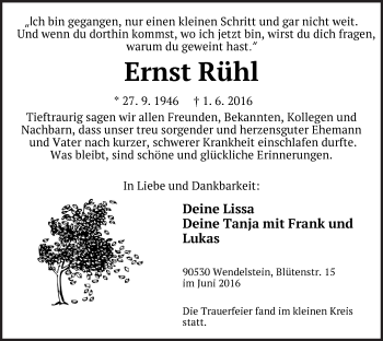 Traueranzeige von Ernst Rühl von Pegnitz-Zeitung