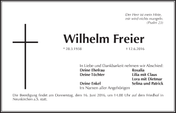 Traueranzeige von Wilhelm Freier von Pegnitz-Zeitung