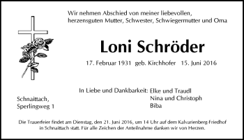 Traueranzeige von Loni Schröder von Pegnitz-Zeitung