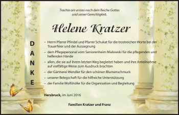 Traueranzeige von Helene Kratzer von Hersbrucker Zeitung
