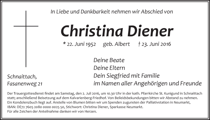  Traueranzeige für Christina Diener vom 28.06.2016 aus Pegnitz-Zeitung