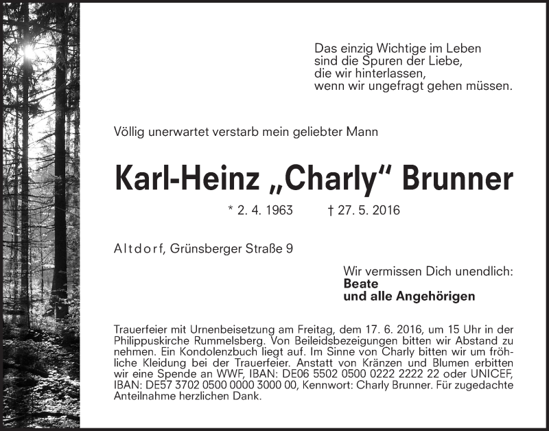  Traueranzeige für Karl-Heinz Brunner vom 11.06.2016 aus Der Bote