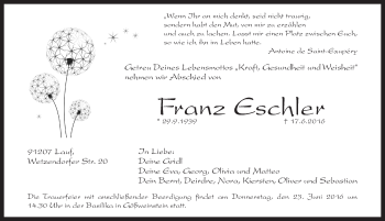 Traueranzeige von Franz Eschler von Pegnitz-Zeitung