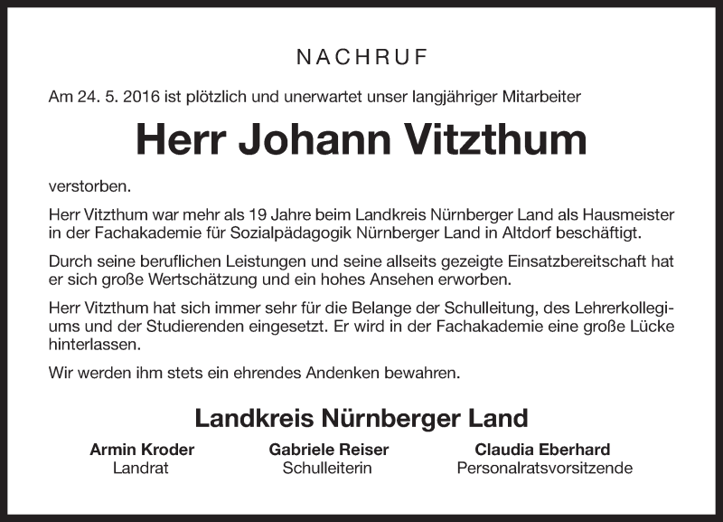 Traueranzeige für Johann Vitzthum vom 01.06.2016 aus Der Bote