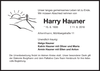 Traueranzeige von Harry Hauner von Der Bote