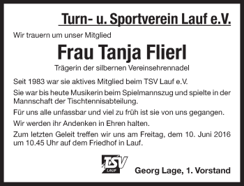Traueranzeige von Tanja Flierl von Pegnitz-Zeitung