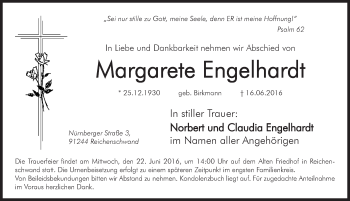 Traueranzeige von Margarete Engelhardt von Hersbrucker Zeitung