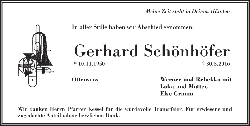  Traueranzeige für Gerhard Schönhöfer vom 11.06.2016 aus Hersbrucker Zeitung