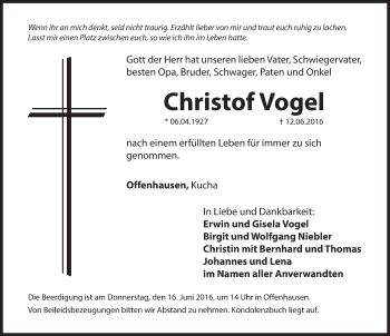 Traueranzeige von Christof Vogel von Hersbrucker Zeitung