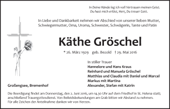 Traueranzeige von Käthe Gröschel von Pegnitz-Zeitung