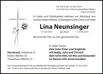 Traueranzeige von Lina Neunsinger von Hersbrucker Zeitung