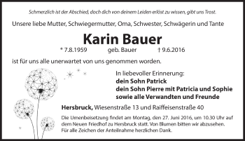 Traueranzeige von Karin Bauer von Hersbrucker Zeitung