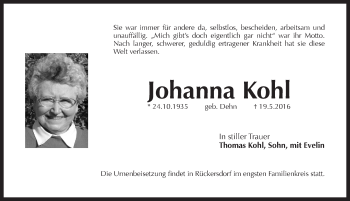 Traueranzeige von Johanna Kohl von Pegnitz-Zeitung